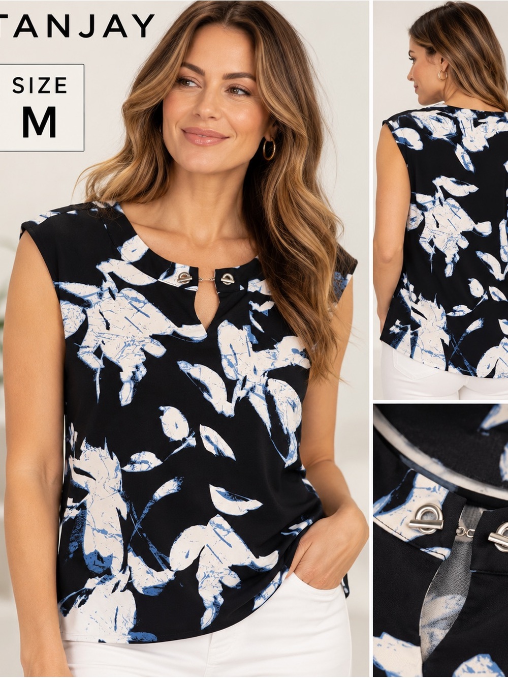 Tanjay | Black & Blue Floral Print Sleeveless Top | Size M | NWT